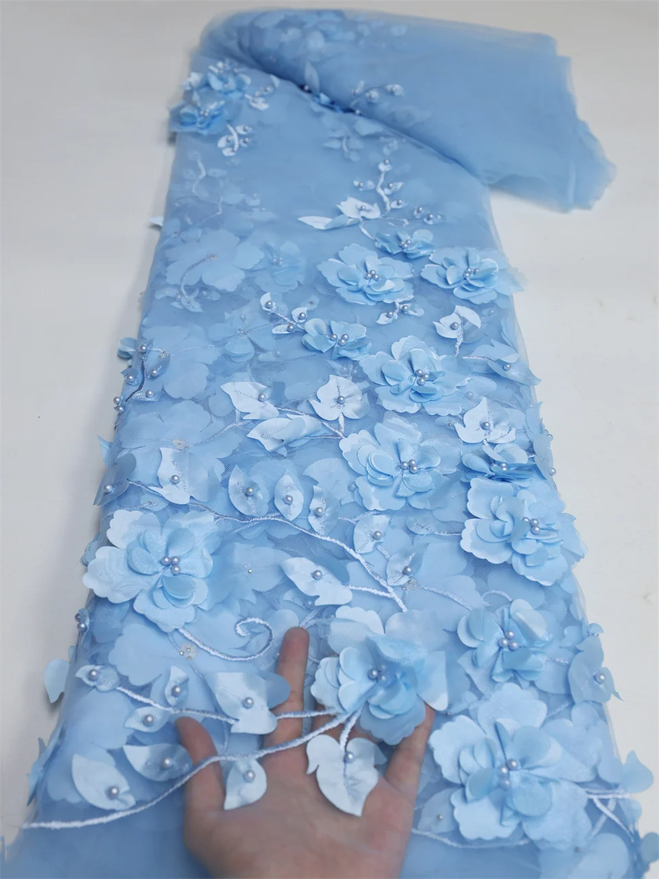 Top Trends: 2023 Blue 3D Flower Lace Fabric With Pearls High Quality French Embroidery Tulle African Fabric For Wedding Party Dress Sewing Shoppable Styles