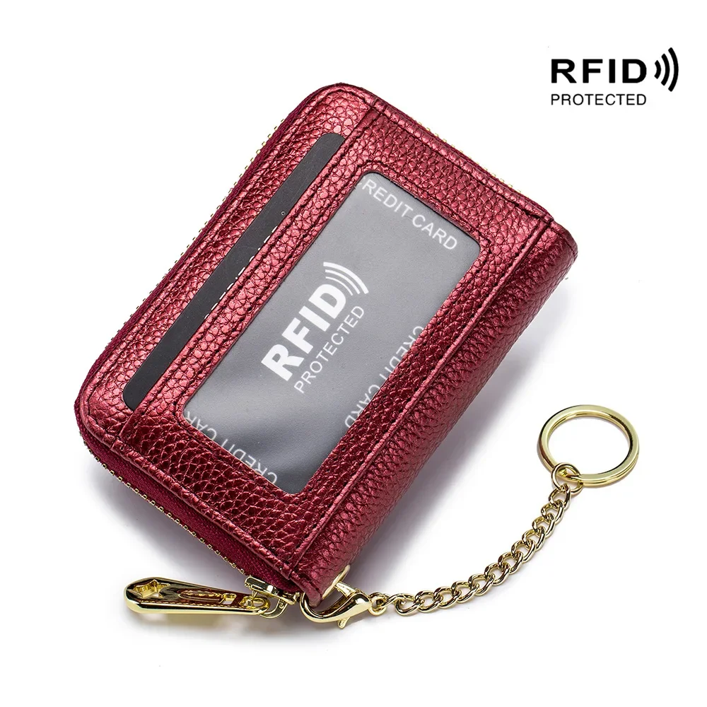 Top Trends: Genuine Leather Men Women Card Holder Small Zipper Wallet Solid Coin Purse Key Ring Design Rfid ID Business Credit Card Bags Shoppable Styles