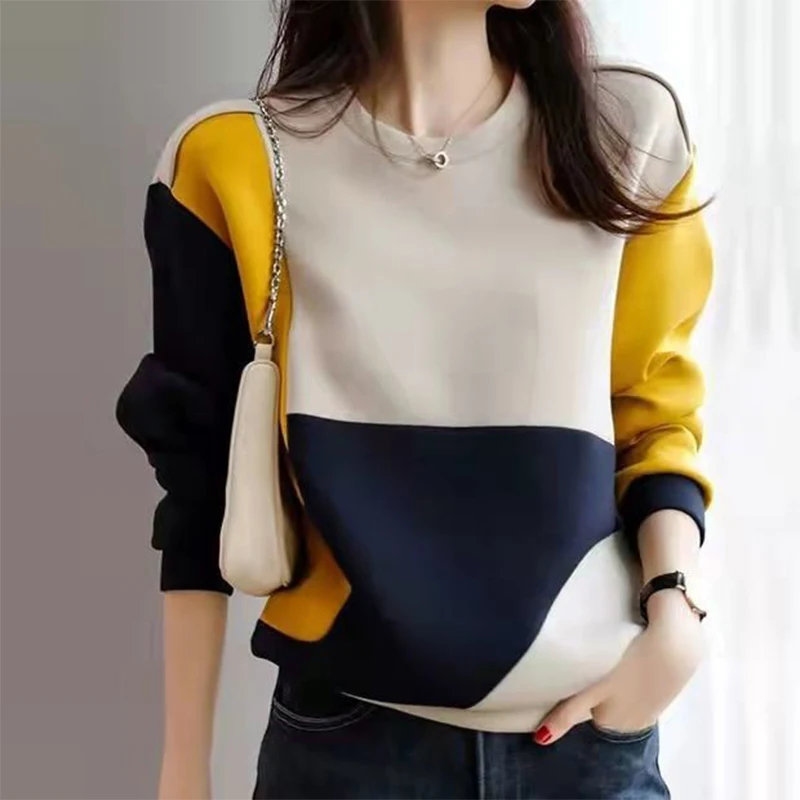 Top Trends: Autumn Winter Loose Casual Contrast Color Patchwork Sweatshirt Ladies Simple Fashion Pullover Top Women All-match Cotton Jumper Shoppable Styles - Image 2