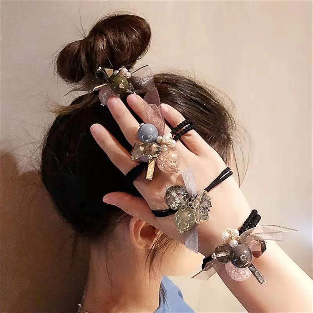 Top Trends: Bling Bling Big Crystal Hair Rope Pearl Hair Ties Ribbon Decoration Ponytail Holders For Women Girl Hair Accessories Shoppable Styles