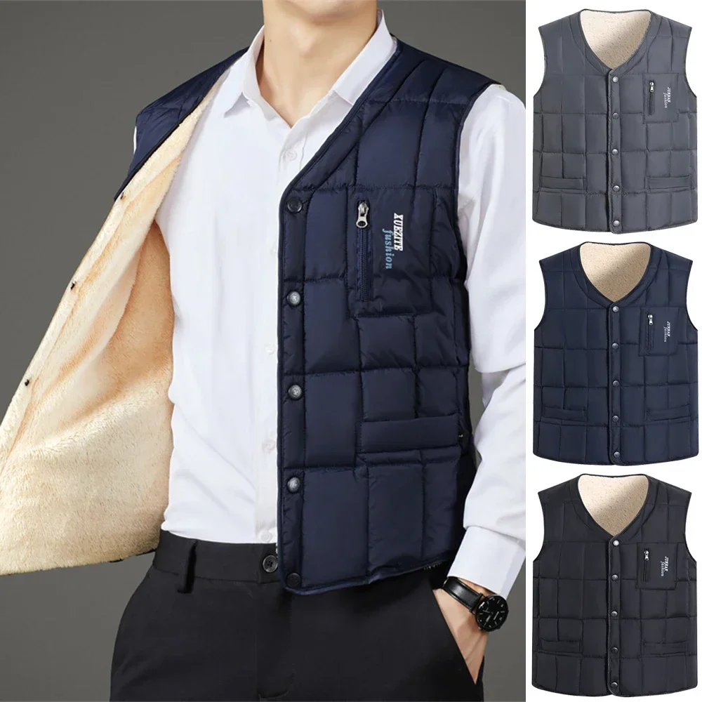 Top Trends: Winter Men's Vest Casual Padded Plush Single-breasted Sleeveless Winter Jacket Fashion V-neck Warm Fishing Vest Clothing Shoppable Styles