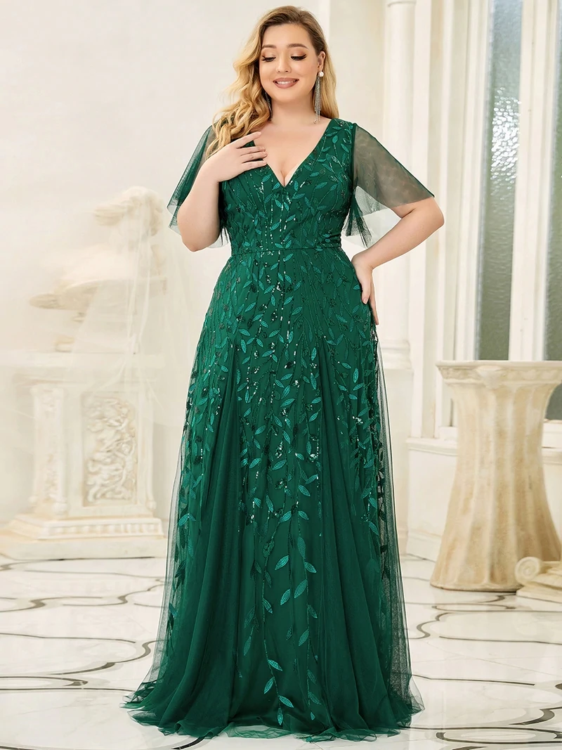 Top Trends: Plus Size Evening Dresses Long A-LINE Deep V-Neck Half Sleeves Floor-Length Gown 2024 Ever Pretty Of GauzeDark Green Women Dress Shoppable Styles