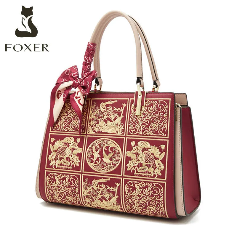 Top Trends: FOXER Office Commute Women Embroidery Printing Handbag Cowhide Leather Lady Top Handle Bag Mother&#039;s Gift Crossbody Shoulder Bags Shoppable Styles