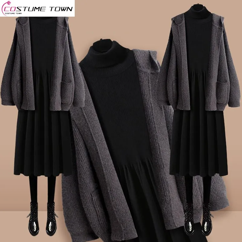 Top Trends: Autumn And Winter Set 2023 New Large Women&#039;s Fashion Loose Sweater Waist Knitted Dress Two Piece Set Fashion Shoppable Styles