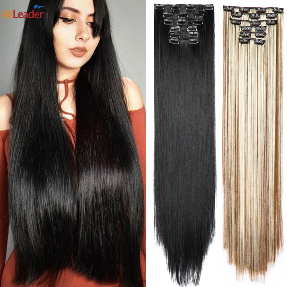 Top Trends: 75Cm 30 Inch Full Head Long Straight Clip In Hair Extensions Black Blonde Thick 6Pcs / Set High Temperature Fiber Hairpiece Shoppable Styles