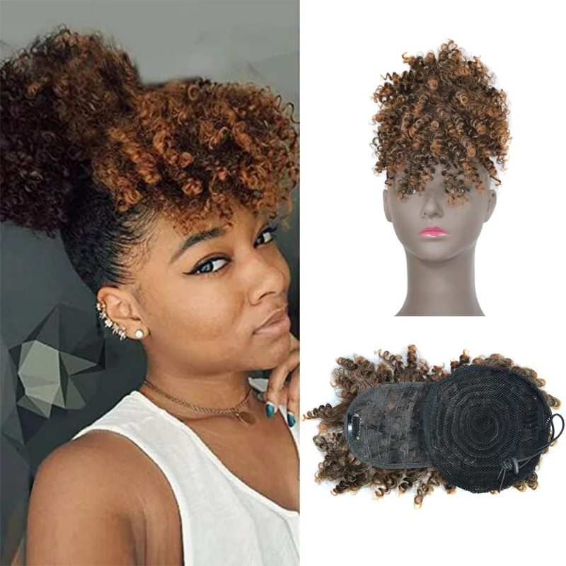 Top Trends: Kinky Curly Hair Bangs Synthetic Hair Bun With Bangs Drawstring Ponytail Afro Puff False Bangs Hairpieces For Women Shoppable Styles