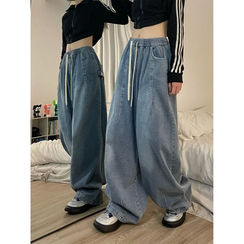 Top Trends: Women Vintage Baggy Jeans Y2k Elastic Waist Oversized American Retro Trousers Denim Wide Leg Streetwear Straight Basic Pants Shoppable Styles