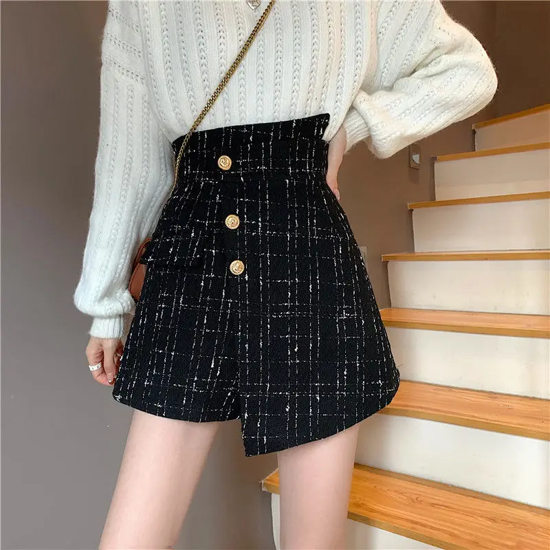 Top Trends: Autumn Winter 2023 Classic Woolen Style Plaid A- Line Sexy Mini Shorts Women 2XL Elegant Irregular High Waist Shorts Skirt Women Shoppable Styles