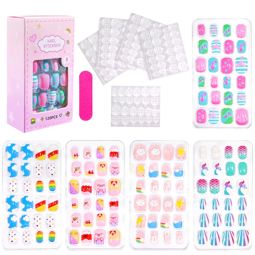 Top Trends: 120Pcs Child Kids False Nails Girls Gift Cartoon Press On Fake Nails Colorful Festival Full Cover Cute Short Nail Tips Kits Shoppable Styles