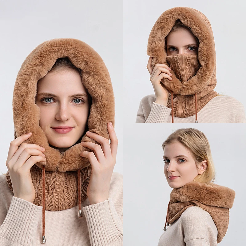 Top Trends: 3in1 Thicken Fleece Hat Women Knitted Fluffy Scarf Full Face Mask Hood Winter Warm Outdoor Ski Windproof Plush Beanies Bonnet Shoppable Styles - Image 3