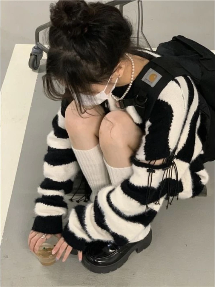 Top Trends: Deeptown Harajuku Striped Oversized Sweater Women Vintage Hollow Out Knitted Jumper Korean Casual Pullover Tops Y2K Streetwear Shoppable Styles