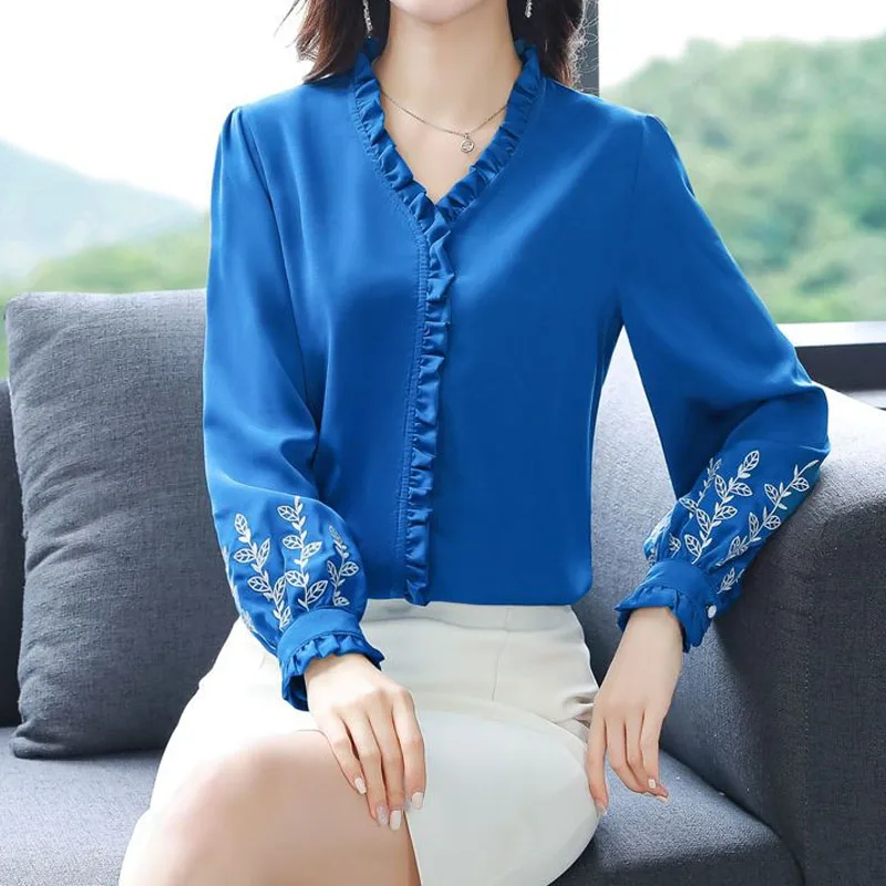 Top Trends: Fashion Folds Spliced V-Neck Blouse Elegant Female Clothing Spring Autumn Solid Color Embroidery All-match Long Sleeve Shirt New Shoppable Styles