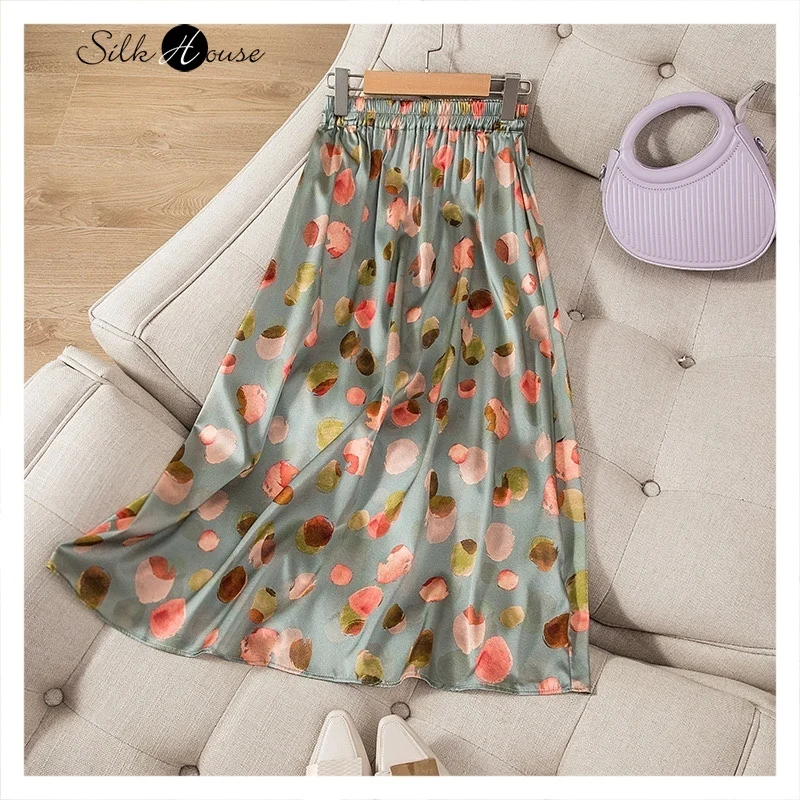 Top Trends: 2023 Spring / Summer New Digital Printing 20MM Elastic Silk Plain Wrinkled Satin Women's High Waist A-line Skirt Shoppable Styles