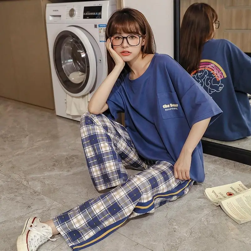 Top Trends: Women Pajamas Sets Big 3XL Knitted Cotton Pyjama Plaid Female Pijamas Loungewear Short Sleeve Shirt Pants Sleepwear Homewear Shoppable Styles