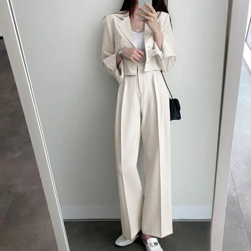 Top Trends: DAYIFUN Elegant Two Piece Suits Blazer Female Short Tops Jacket Wide Leg High Waist Pants Office Ladies Sets Casual Coats Shoppable Styles - Image 5