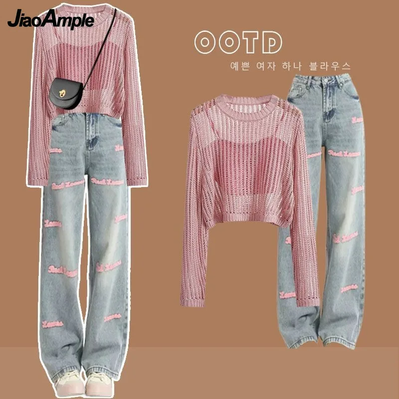 Top Trends: Women&#039;s 2023 Summer New Jeans Matching Set Korean Elegant Strap Blouse Letter Denim Pants Three Piece Female Chic Trousers Suit Shoppable Styles