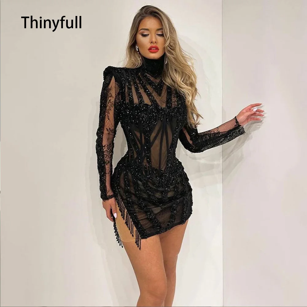 Top Trends: Thinyfull Glitter Black High Neck Short Cocktail Dress Long Sleeves Beads Illusion Lady's Dress Mermaid Formal Party Prom Gowns Shoppable Styles