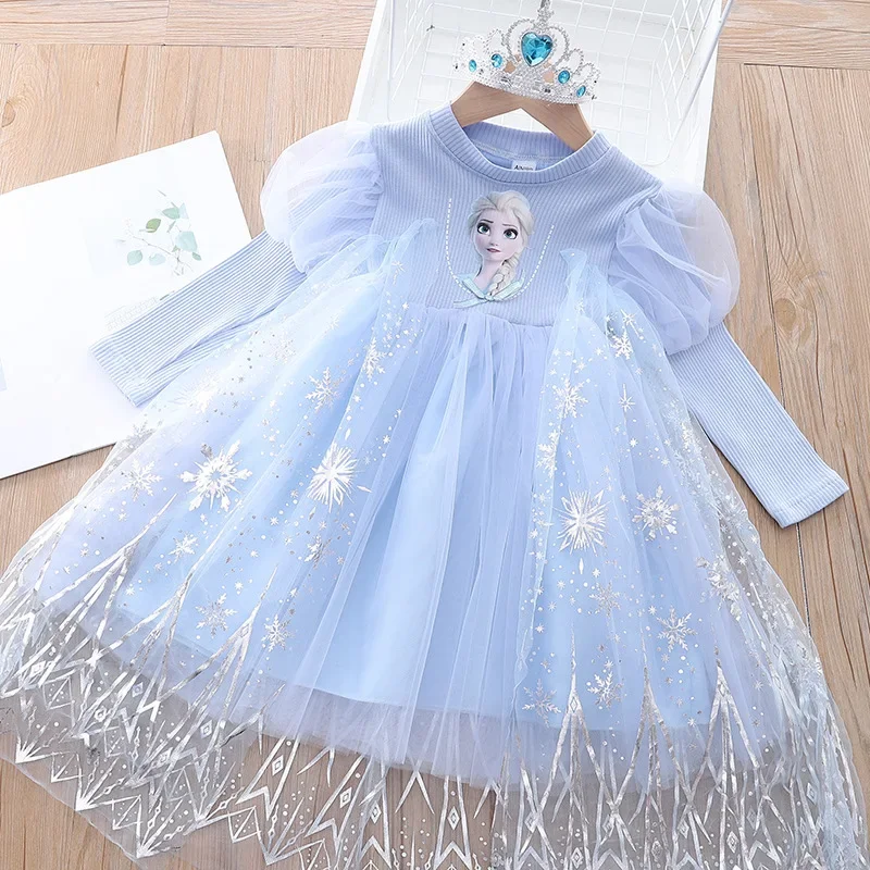 Top Trends: Girls Cartoon Dress 2023 Fall Fashion Frozen Elsa Princess Dresses Kids Long Sleeve Mesh Costume Crown+ Magic Wand Girl Clothes Shoppable Styles