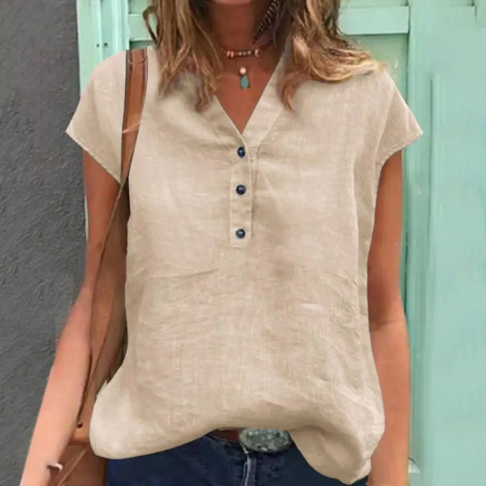 Top Trends: Cotton Linen V-Neck Summer Blouse Short Sleeve Buttons Simple T-shirt Women Solid Color Pullover Top Female Clothing Shoppable Styles