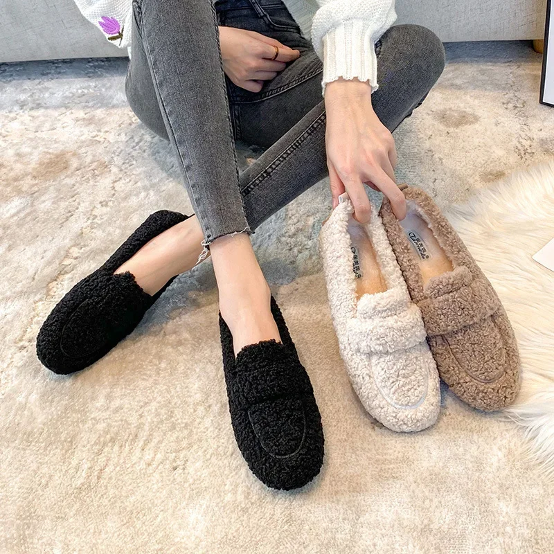 Top Trends: Women's 2024 New Curly Lambswool Flat Shoes Autumn Winter Outside Wear Lamb Loafers Black Beige Cashmere Lazy Hair Plus Size 43 Shoppable Styles