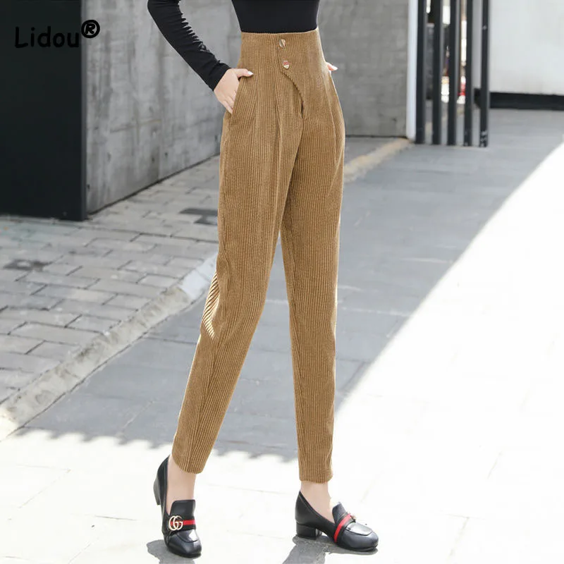 Top Trends: Female Fashion Vintage High Waist Solid Color Harem Pants 2023 Autumn Winter Casual All-match Slim Trousers Women&#039;s Clothing Shoppable Styles