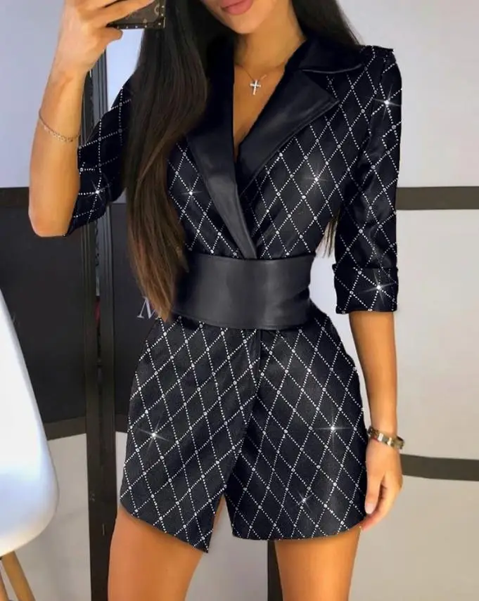 Top Trends: Women Elegant Plaid Pattern Pu Leather Colorblock Glitter Blazer Dress Long Sleeve Blazers Dress Black Elegant Dresses For Women Shoppable Styles