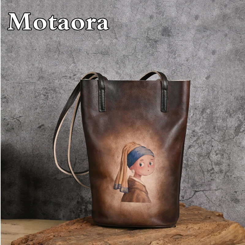 Top Trends: MOTAORA Retro Hand-printed Women's Bag For Women Genuine Leather Bucket Handbags Long Handle Lady Luxury Designer Shoulder Bags Shoppable Styles