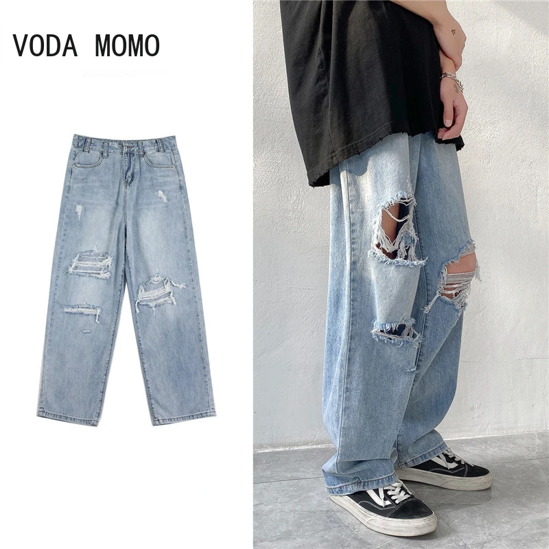 Top Trends: Men Jeans Wide-leg Straight Jeans 3XL Hole Ripped Street-wear All-match Denim Trousers Mens Loose Casual Fashion Harajuku New Shoppable Styles