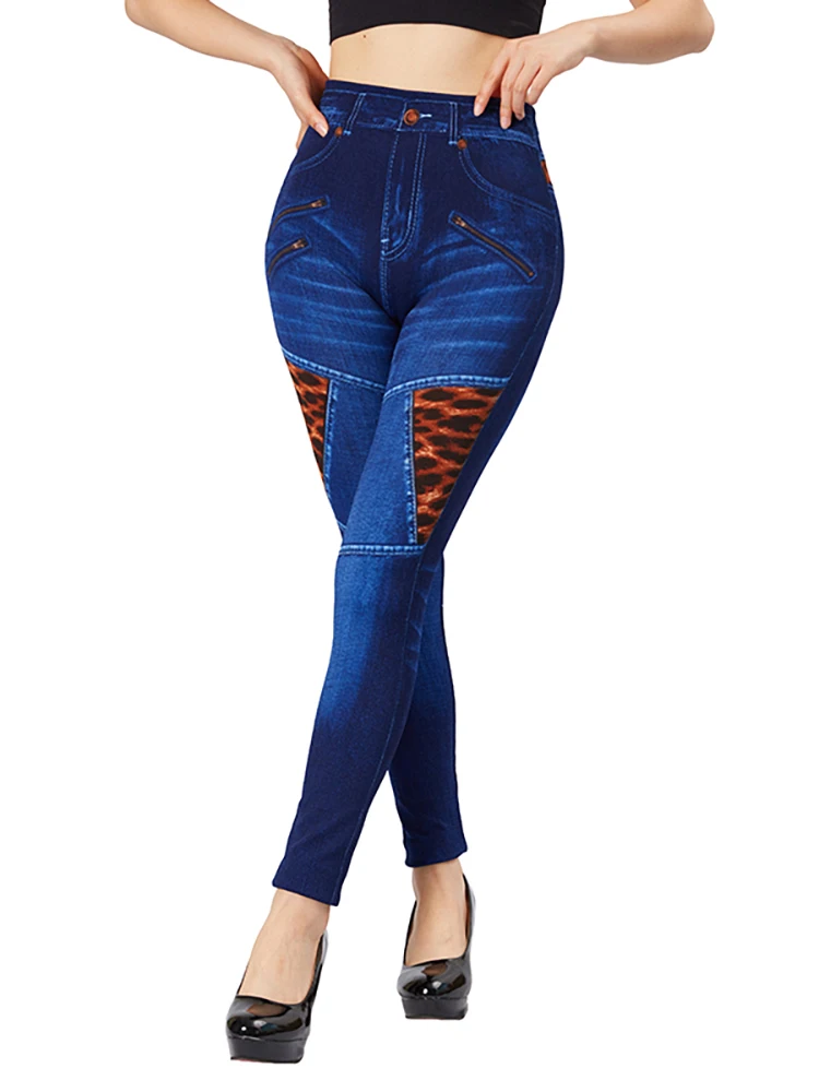 Top Trends: CUHAKCI Splice Leopard Blue False Jeans Fake Zipper Pockets Print Stretch Imitation Denim Pants Slim Fit Leggings Women Jeggings Shoppable Styles - Image 5