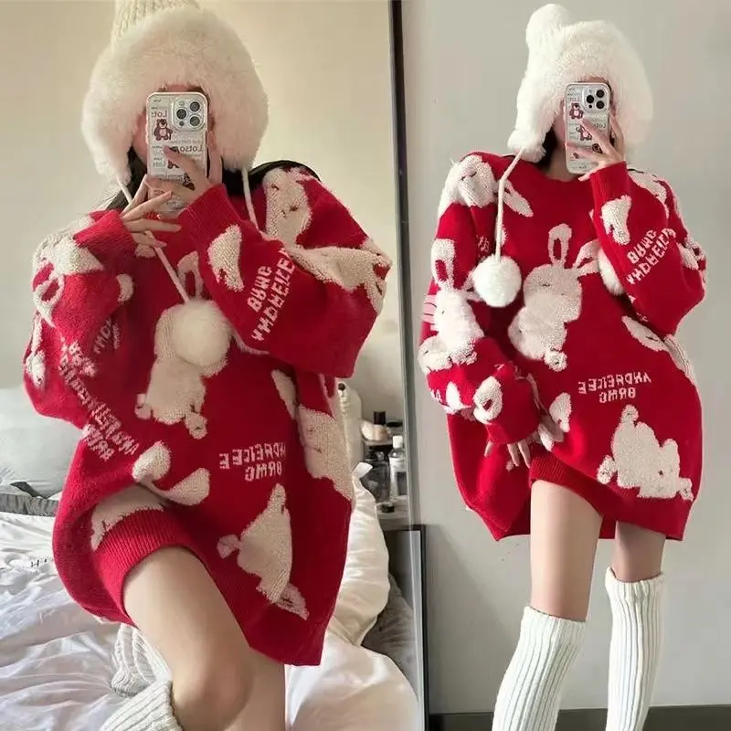 Top Trends: Fashion Cartoon Rabbit Knitted Sweaters Autumn Winter Casual O-Neck Loose Commute Women's Clothing Korean Letter Midi Jumpers Shoppable Styles