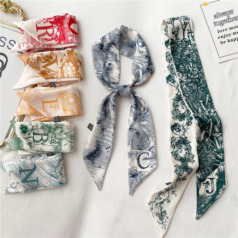 Top Trends: Popular Letter Print Long Scarf For Women Narrow Ribbon Headband Female Neckerchief Handle Bag Band Bandana Hair Tie Accessories Shoppable Styles