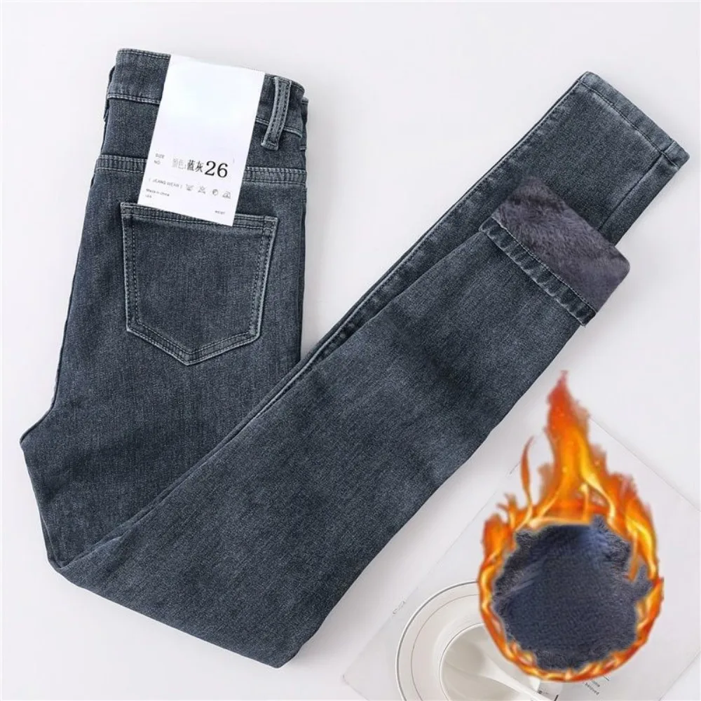 Top Trends: Women Winter Fleece Denim Trousers Skinny Keep Warm Plush High Stretch Jeans Thick Velvet Pencil Pants Full Length Jeans Women Shoppable Styles - Image 2