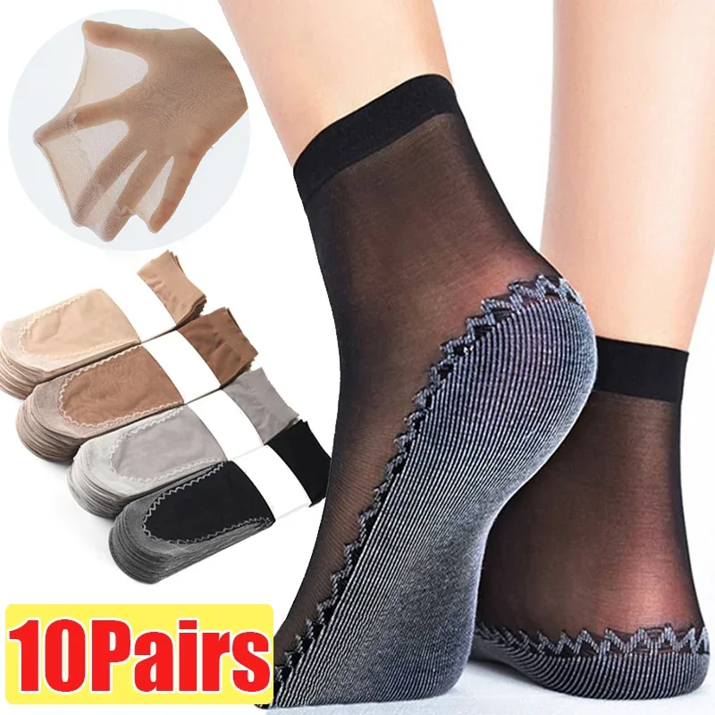 Top Trends: 10Pairs Women Soft Socks Casual Non-Slip Bottom Splice Spring Autumn Transparent Ladies Girls Velvet Breathable Thin Silk Sock Shoppable Styles