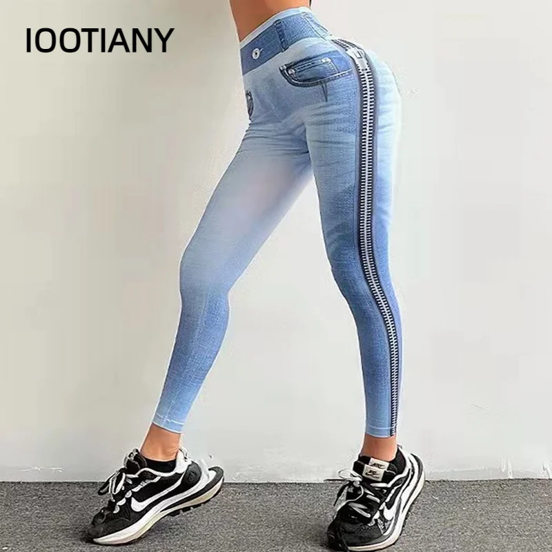 Top Trends: IOOTIANY Zipper Denim Print High Waist Leggins Sports Fitness Leggings Tights Running Workout Pants Push Up Gym Leggings S-3XL Shoppable Styles