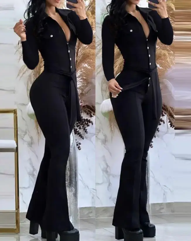 Top Trends: Jumpsuit Women 2023 Sexy Elegant Plunge Buttoned Tied Detail Flared Jumpsuit Women's Clothing Fashion Overalls Autumn Rompers Shoppable Styles