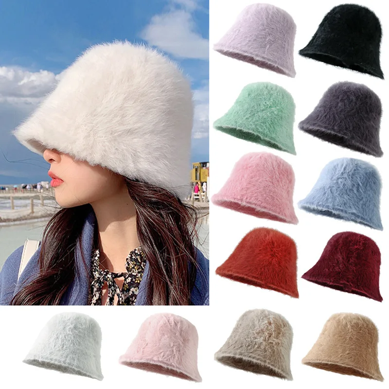 Top Trends: Plush Faux Fur Bucket Hats For Women Winter Warm Caps For Girls Vintage Kpop Daily Bonnets Ear Protection Shoppable Styles