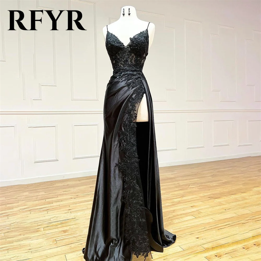 Top Trends: RFYR Black V-Neck Long Party Dresses Vintage Spaghetti Strap Night Dresses Lace Celebrity Dresses With Slit Vestidos De Fiesta Shoppable Styles