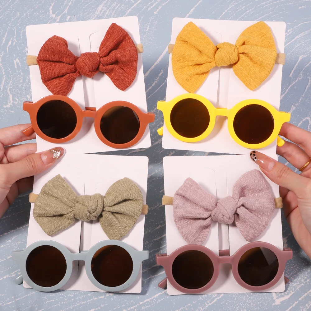 Top Trends: 2Pcs / Pack Vintage Kids Summer Bows Headband Round Sunglasses Children Sun Glasses Protection Glasses Baby Hair Accessories Shoppable Styles