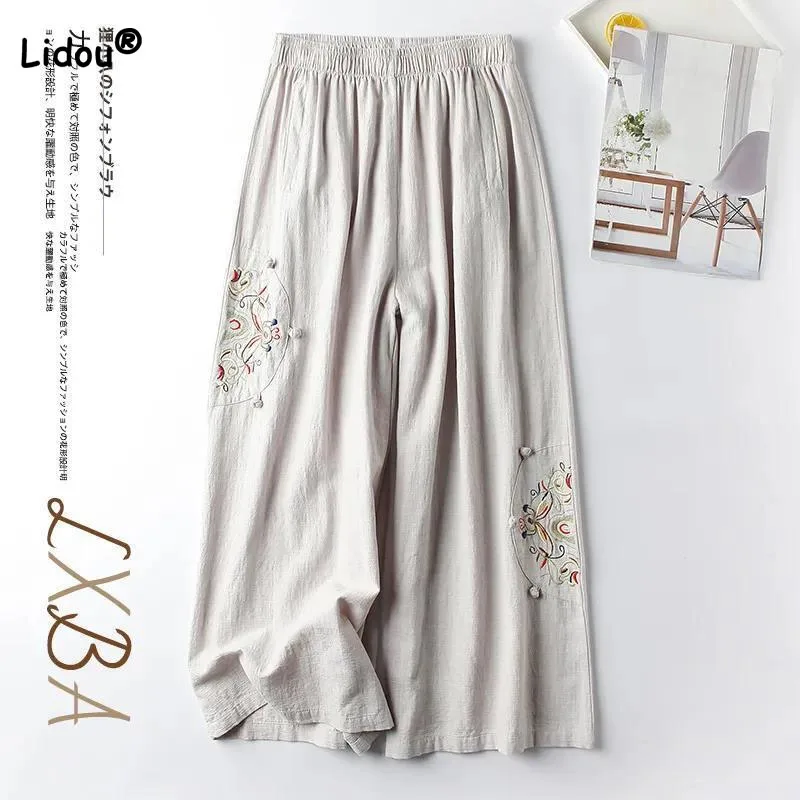 Top Trends: Stylish Vintage Elastic High Waist Embroidery Cropped Pants Summer Women&#039;s Clothing All-match Solid Color Casual Wide Leg Pants Shoppable Styles