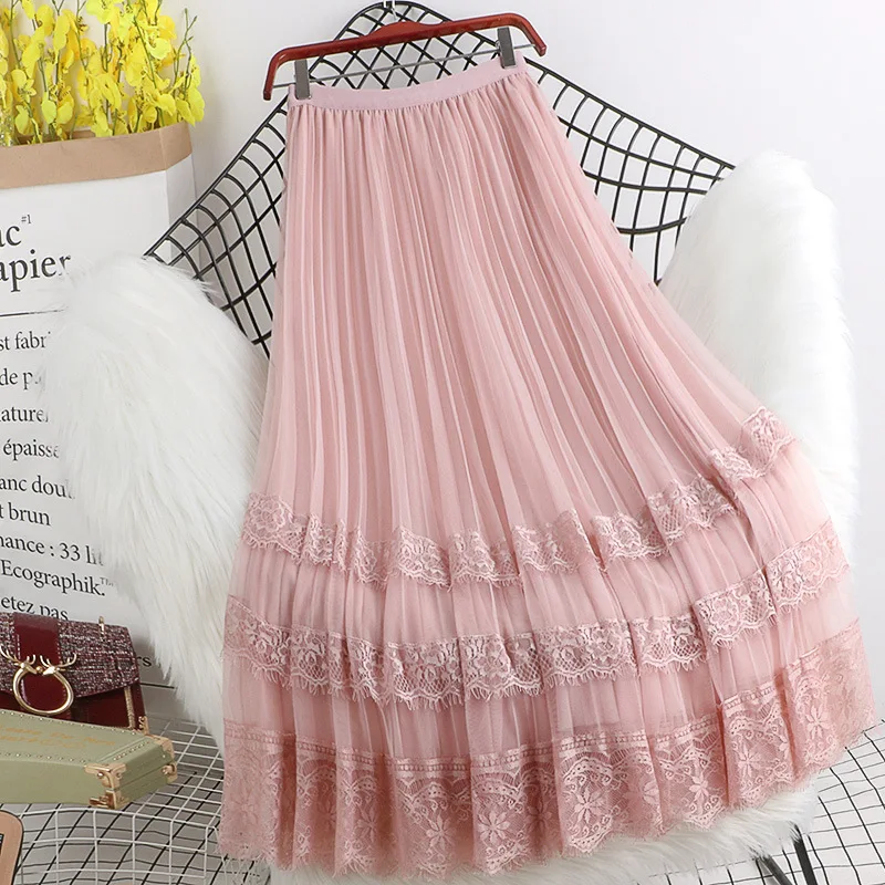 Top Trends: Fashion High Waist Tulle Midi Skirts Woman Lining Mesh Lace Patchwork Kawaii Harajuku Dance Bridesmaids Skirt Women Shoppable Styles