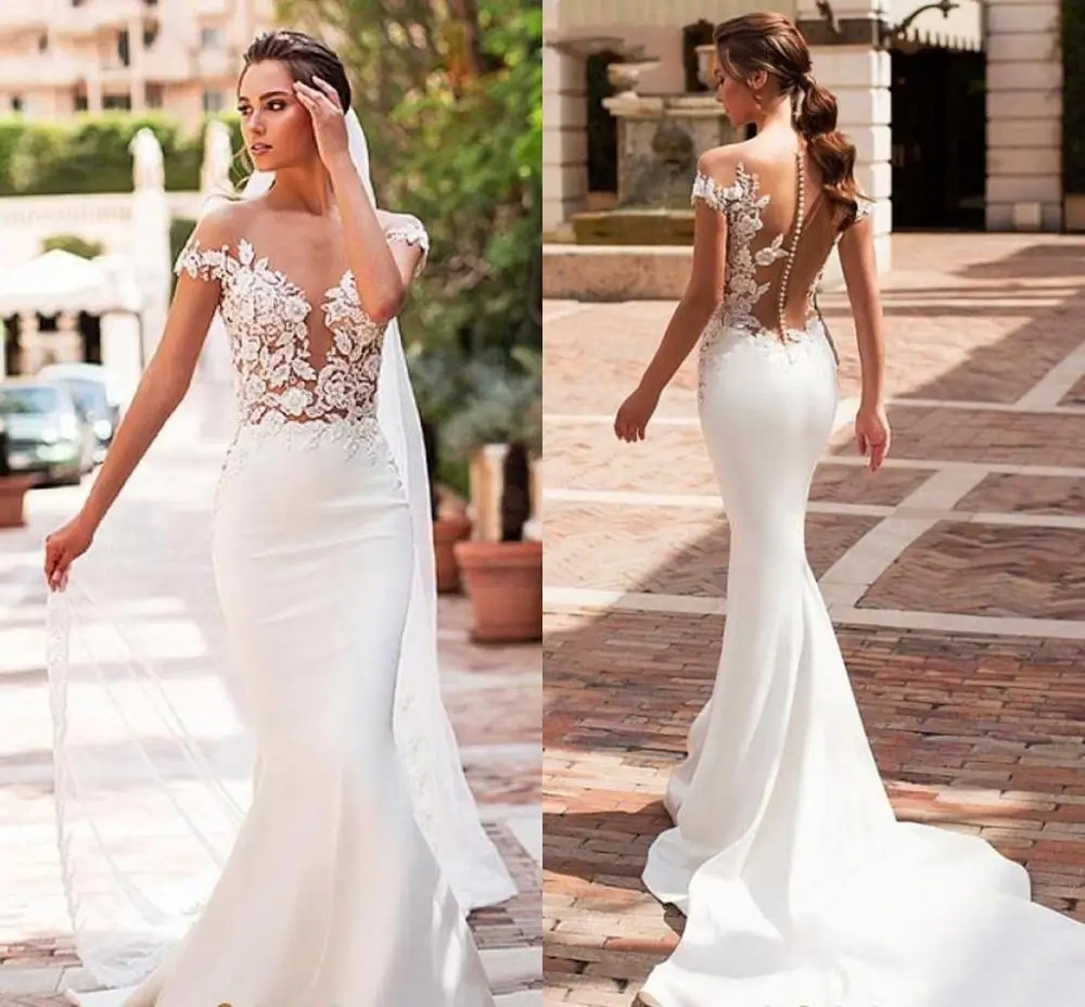 Top Trends: Mermaid Wedding Dress Elegant Robe De Marie Satin Cap Sleeve Vestido De Noiva Lace Bride Dresses Sheer Buttons Back White Shoppable Styles