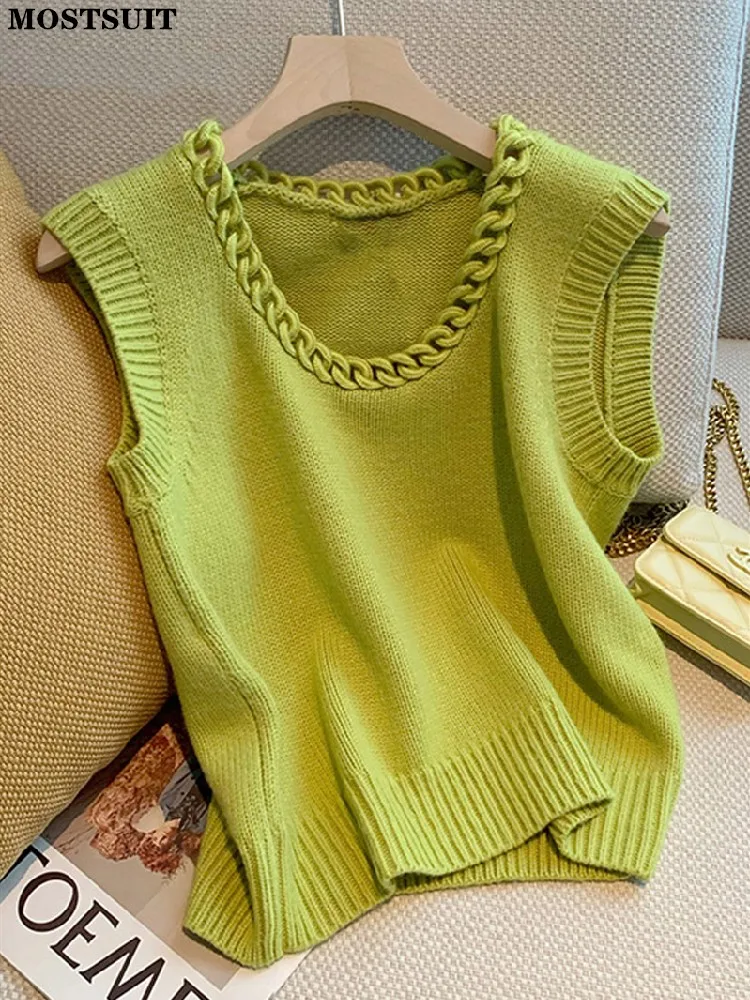 Top Trends: Korean Chic Knitted Sweater Vest Women Sleeveless Round Neck Ladies Fashion Pullover Top Elegant Vintage Ladies Women&#039;s Vests Shoppable Styles