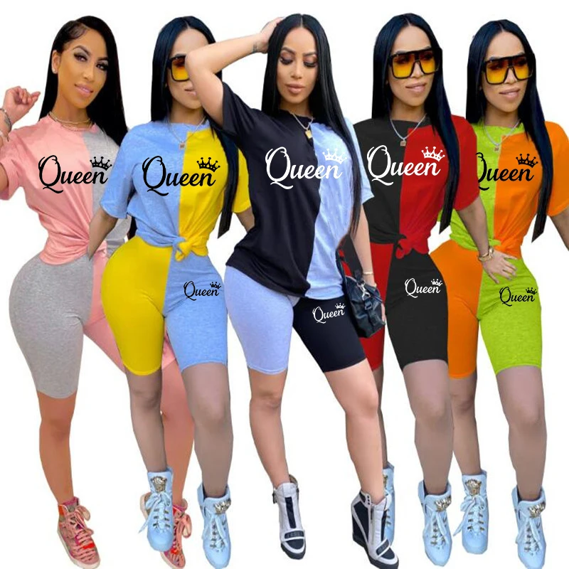 Top Trends: Women 2023 Spring Summer Clothing Fashion Sweatsuits QUEEN Shorts Two Piece Sets Outfits Splicing Short Sleeve Tracksuits Shoppable Styles