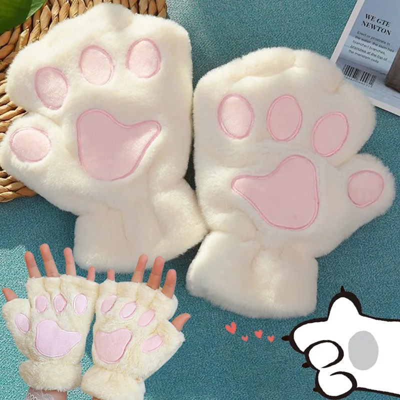 Top Trends: Plush Fingerless Panda Mittens Cute Fluffy Cat Paw Claw Fingerless Gloves Warm Soft Half Finger Women Winter Wear Christmas Gift Shoppable Styles