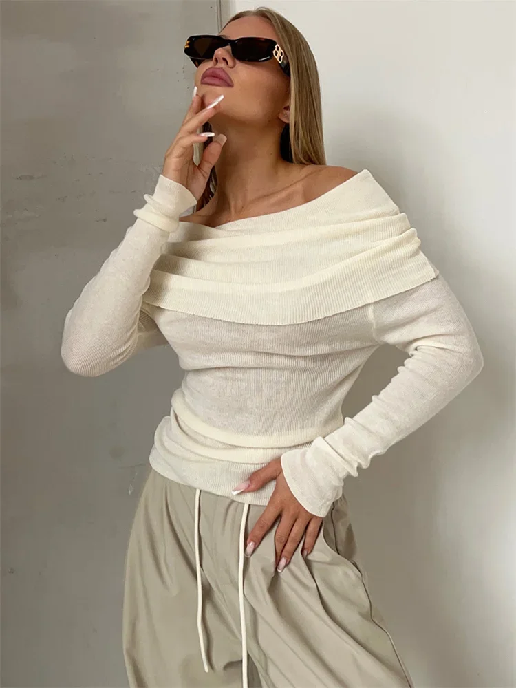 Top Trends: Tossy Off-Shoulder Sexy Knit Pullover Sweater For Women Mesh See-Through Long Sleeve Backless Y2k Top Fashion Knitwear Pullover Shoppable Styles