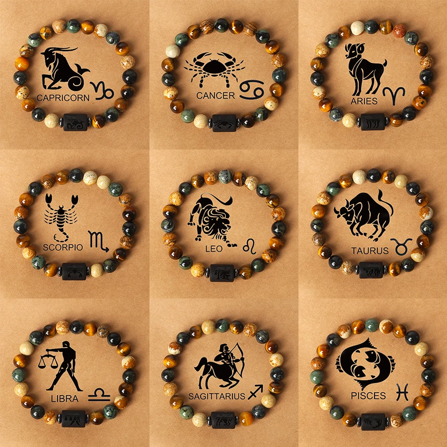 Top Trends: 12 Zodiac Signs Constellation Charm Bracelet Men Women Fashion Tiger Eye Stone Beaded Bracelets Virgo Leo Libra Couple Jewelry Shoppable Styles