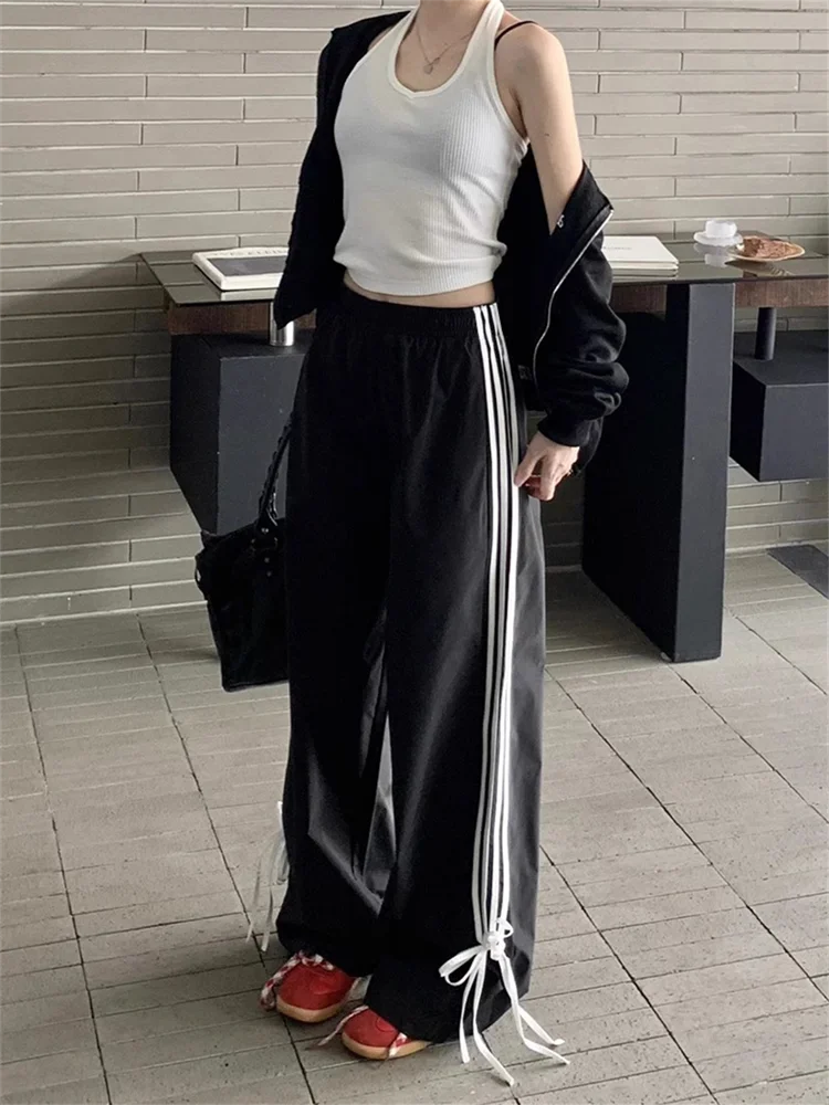 Top Trends: QWEEK Korean Fashion Black Joggers Pants Women Y2K Fairycore Sweatpants With Bows Oversized Side Striped Kpop Sports Trousers Shoppable Styles