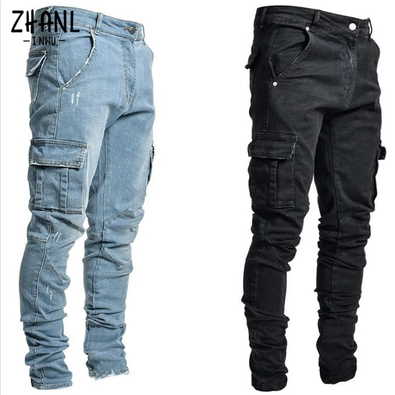 Top Trends: Jeans Men Pants Wash Solid Color Multi Pockets Denim Mid Waist Cargo Jeans Plus Size Fahsion Casual Trousers Male Daily Wear Shoppable Styles