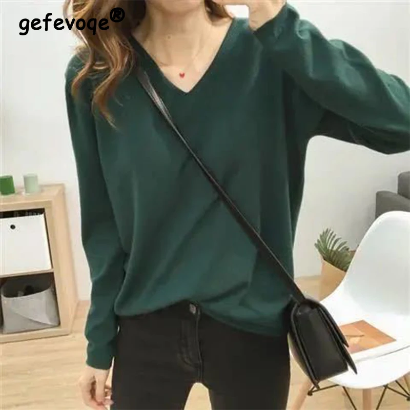 Top Trends: Autumn Winter Solid Simple V-neck Sweet Sweater Ladies Elegant Fashion All-match Pullover Top Women Loose Casual Knitting Jumper Shoppable Styles