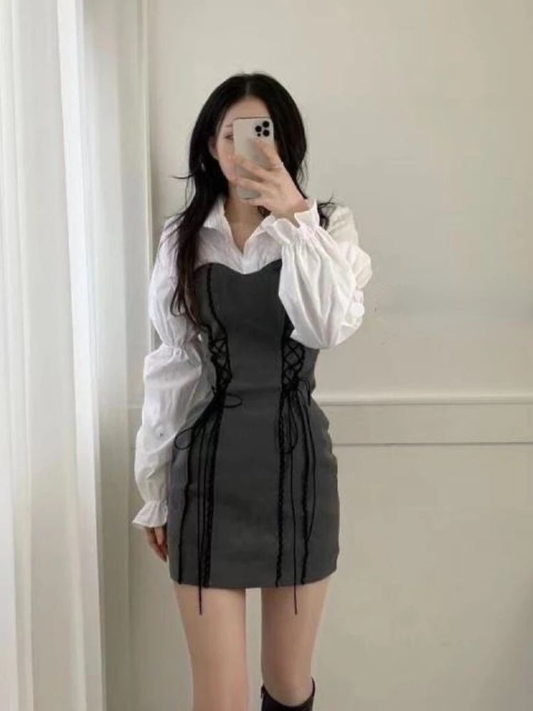 Top Trends: QWEEK Korean Bandage Bodycon Dress Women Vintage Kpop Wrap Short Dresses Casual Long Sleeve 2022 Spring Chic Slim Robes Female Shoppable Styles